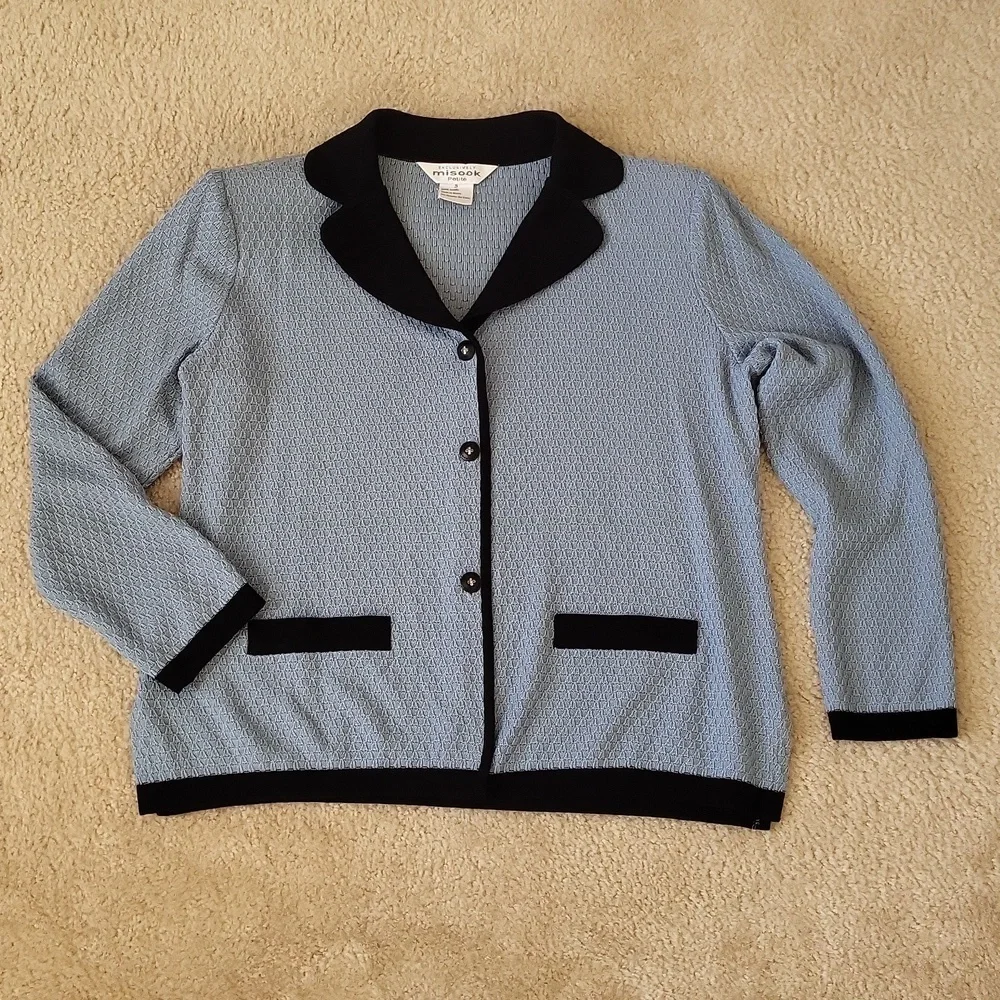Exclusively Misook Petite Blazer Cardigan Button Knit Blue Black Acrylic Small